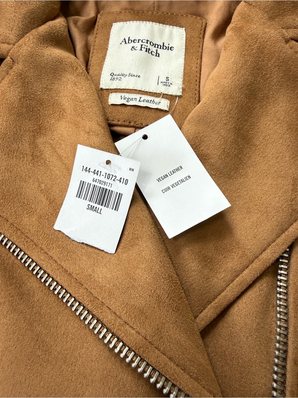 NWT Abercrombie & Fitch Faux Suede Moto Jacket Camel Vegan Leather Size Small - Picture 3 of 14
